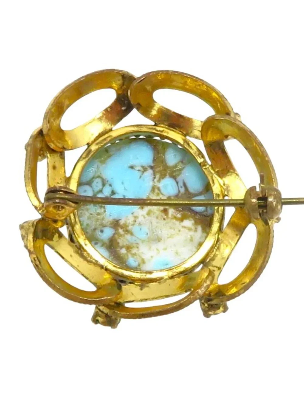 Vintage Austria Faux Pearl & Turquoise Cabochon Filigree Brooch Pin 1950s
